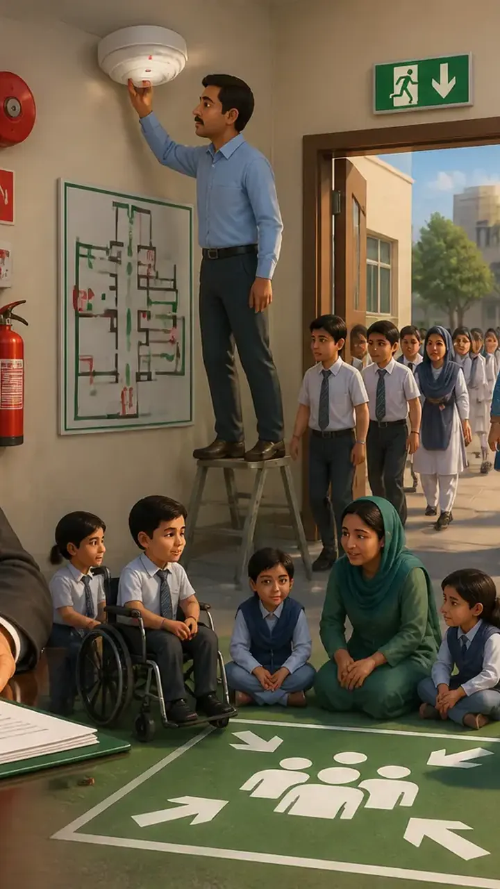 Animated editorial illustration for: Sindh mandates strict fire safety measures for private schools