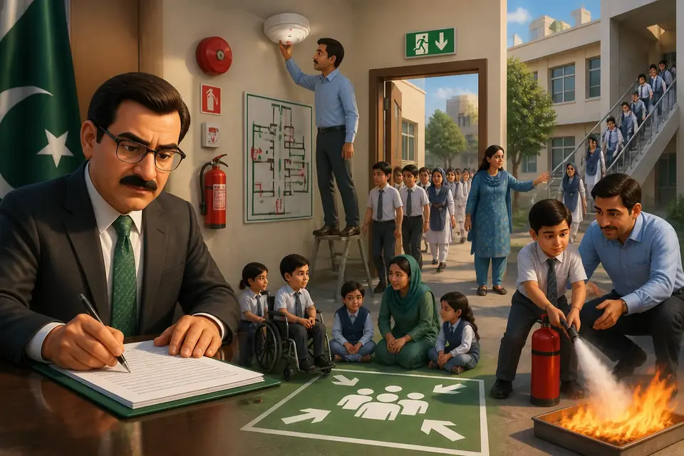 Animated editorial illustration for: Sindh mandates strict fire safety measures for private schools