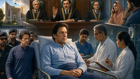 Animated editorial illustration for: PTI’s Barrister Gohar Khan issues ‘fiery statement’ over hospital transfer delay
