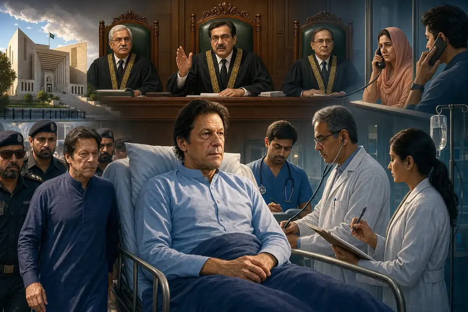 Animated editorial illustration for: PTI’s Barrister Gohar Khan issues ‘fiery statement’ over hospital transfer delay