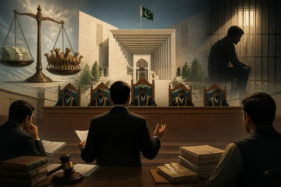 Animated editorial illustration for: Supreme Court reserves verdict on ‘diyat’ amount in murder cases