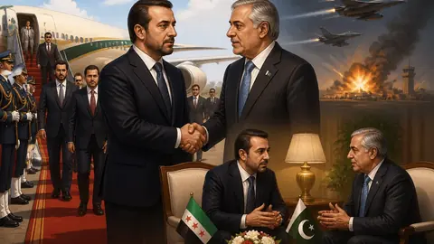 Animated editorial illustration for: Syrian Foreign Minister Arrives in Pakistan for Two-Day Visit