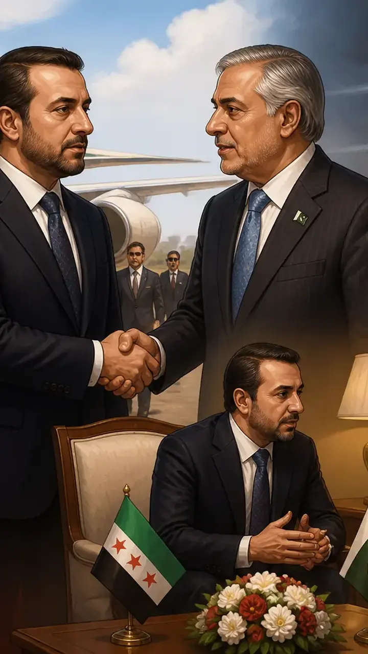 Animated editorial illustration for: Syrian Foreign Minister meets COAS Asim Munir to discuss defence cooperation