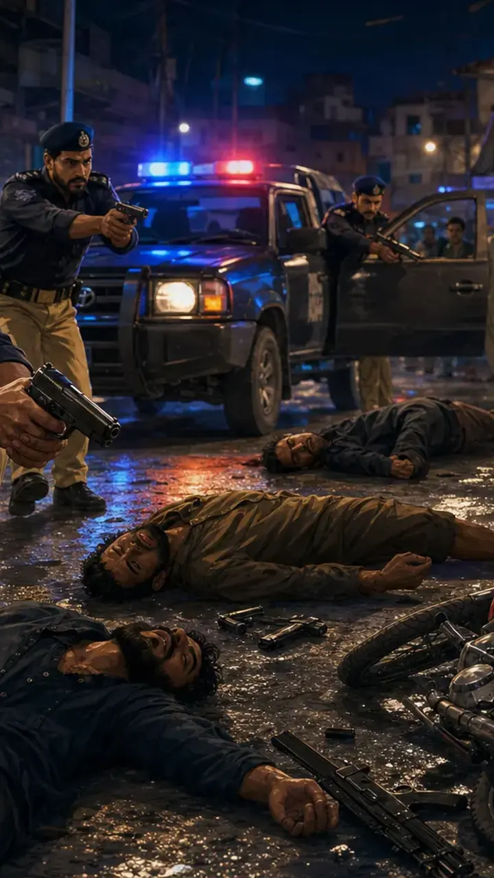 Animated editorial illustration for: Three Suspected Robbers Killed in Alleged Karachi Police Encounter