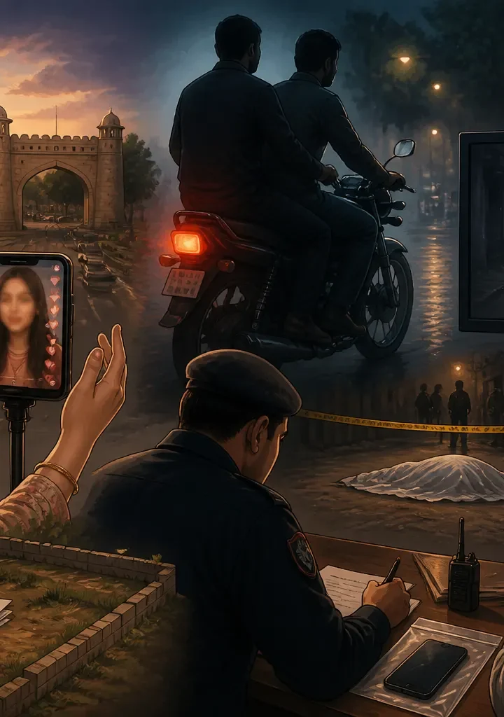 Animated editorial illustration for: TikToker Shamso Bibi Murdered in Taxila, Police Register Case
