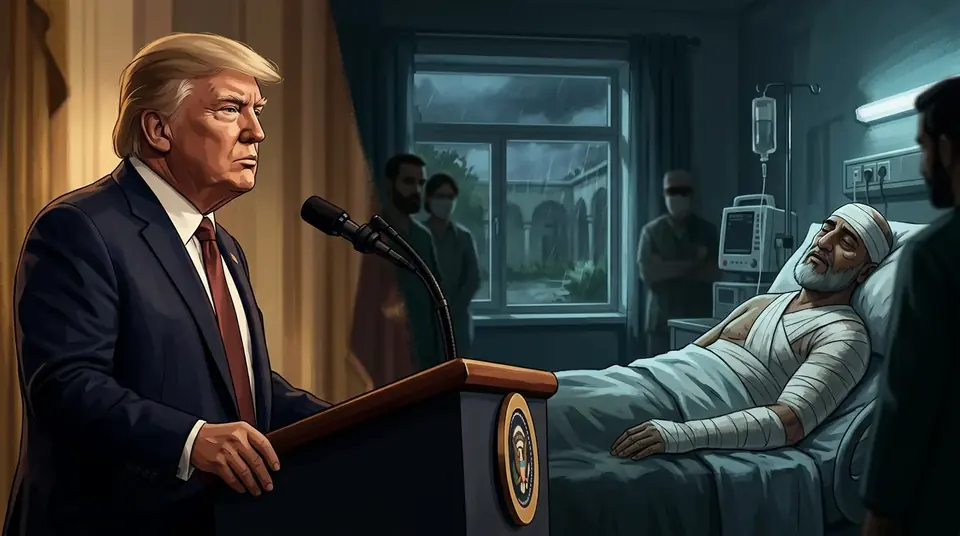 Animated editorial illustration for: Trump Claims Iranian Leader Mojtaba Khamenei is Severely Injured