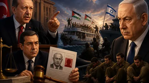 Animated editorial illustration for: Turkiye seeks international arrest warrant for Netanyahu over ‘genocide’ charge