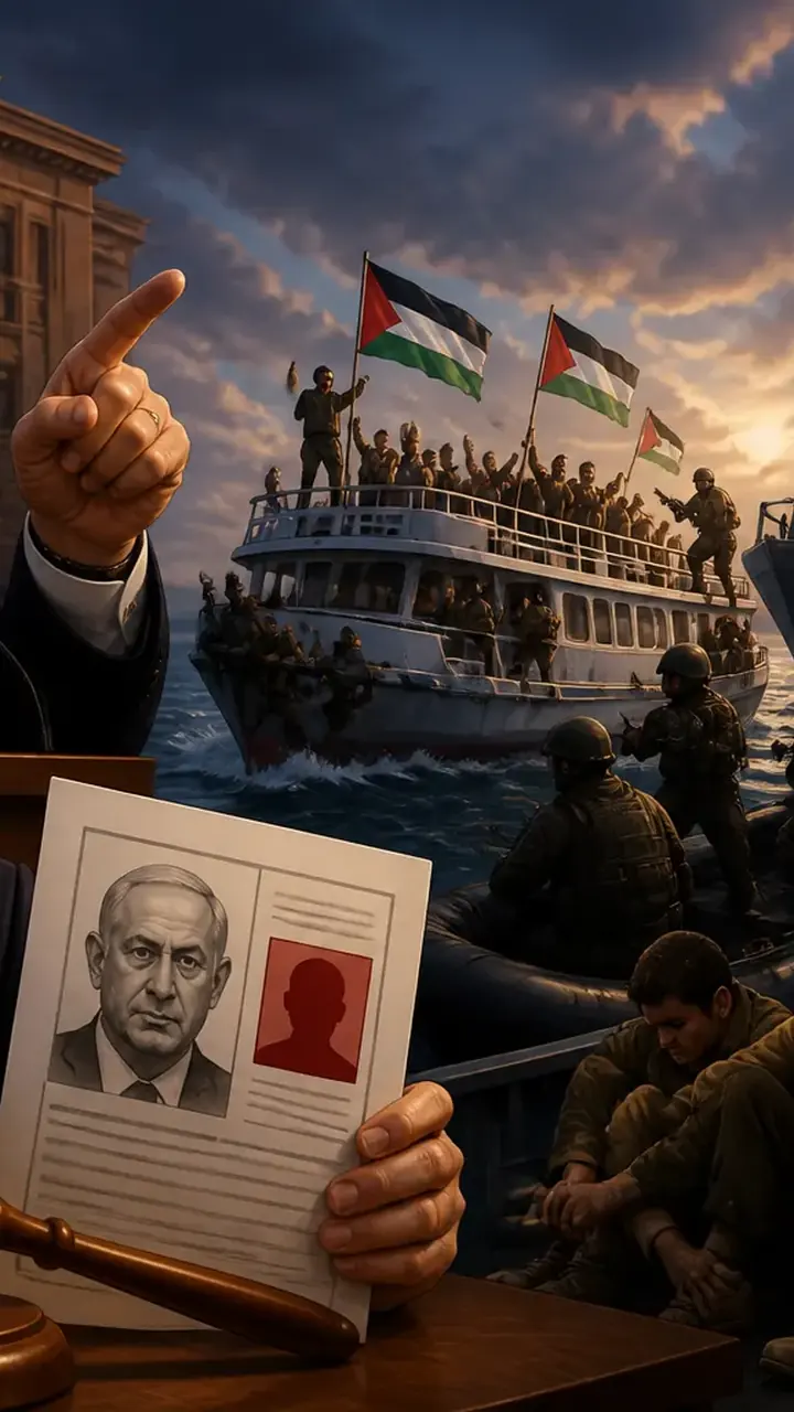 Animated editorial illustration for: Turkiye seeks international arrest warrant for Netanyahu over ‘genocide’ charge