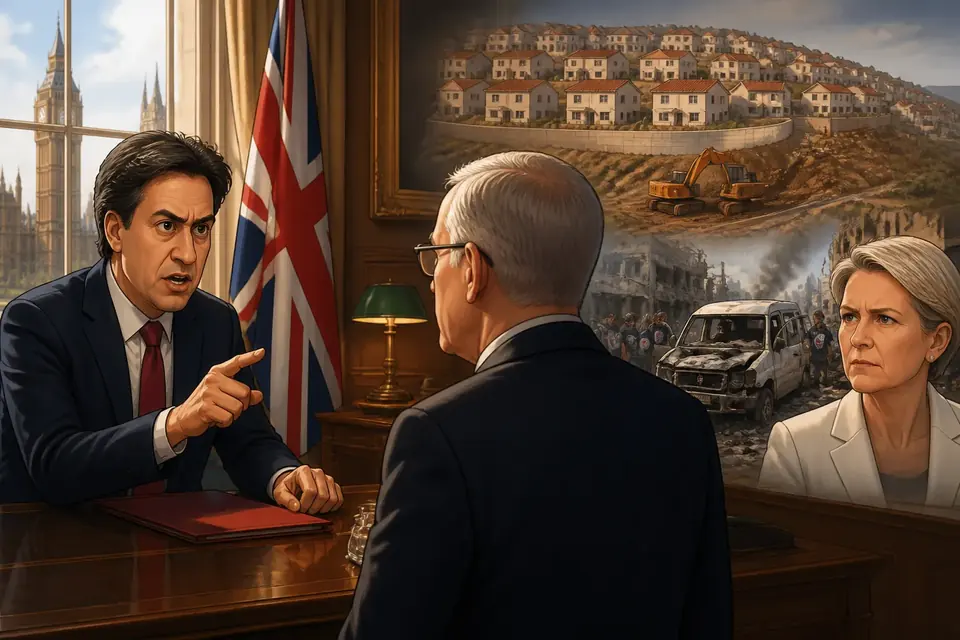 Animated editorial illustration for: UK summons Israeli envoy over new West Bank settlement plan