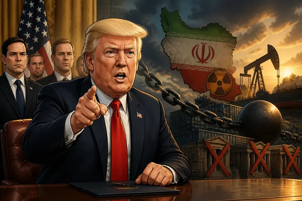 Animated editorial illustration for: Trump announces ‘most crushing’ economic operation against Iran