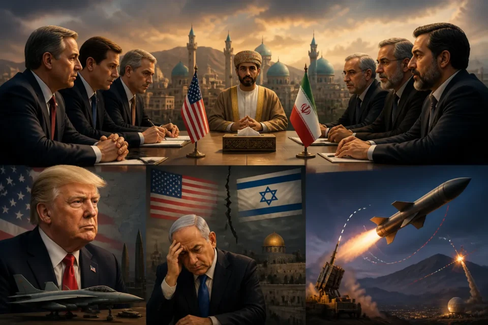 Animated editorial illustration: US-Iran De-escalation Talks Reported Amid Shifting Middle East Alliances. Reports indicate that indirect talks are underway between the United States and Iran, potentially mediated by Oman, signaling a possible de-escalation of tensions in the Middle East.