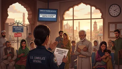 Animated editorial illustration for: US pauses immigrant visa appointments worldwide for consular training
