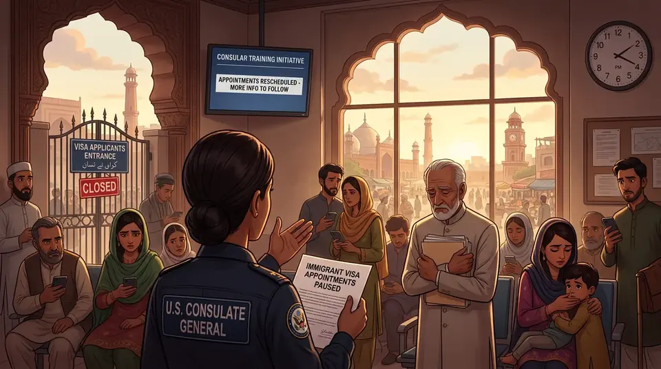 Animated editorial illustration for: US pauses immigrant visa appointments worldwide for consular training