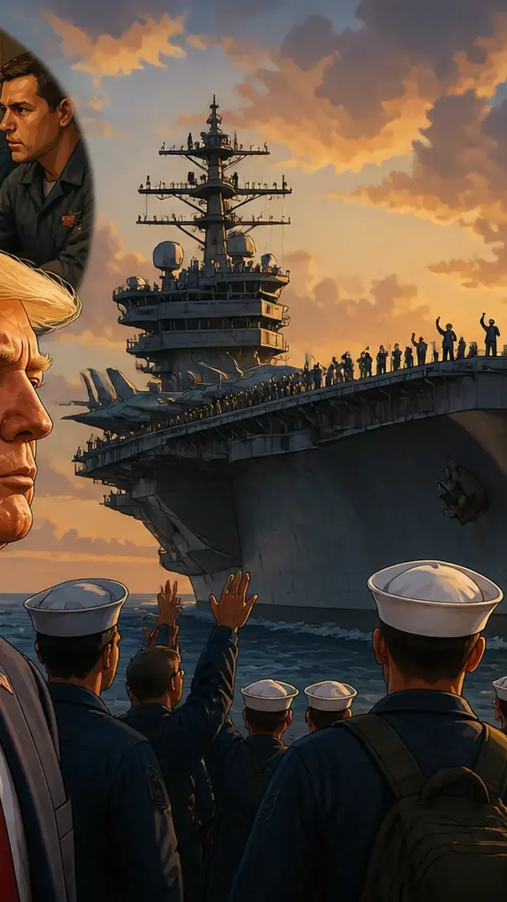 Animated editorial illustration for: USS Abraham Lincoln heads home after extended 9-month mission