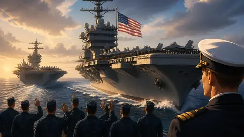 Animated editorial illustration for: USS George Washington Arrives in Middle East Amid Regional Tensions