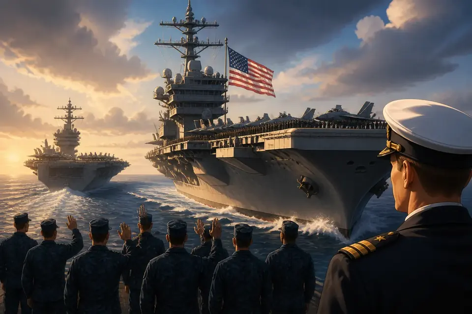 Animated editorial illustration for: USS George Washington Arrives in Middle East Amid Regional Tensions