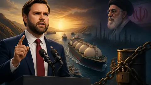 Animated editorial illustration for: Vance: US-Iran conflict enters new phase of economic pressure