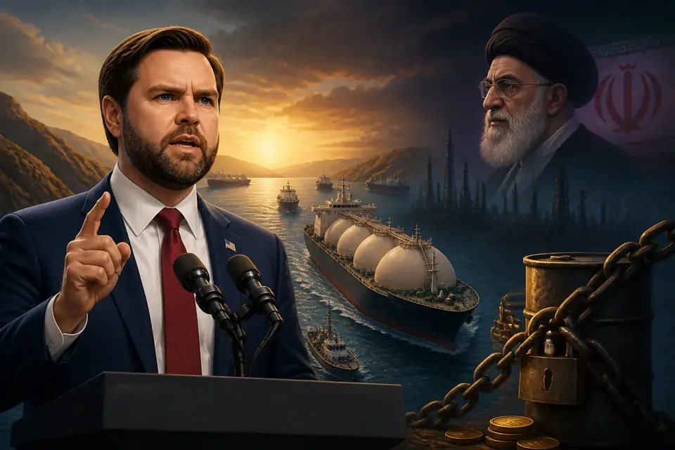 Animated editorial illustration for: Vance: US-Iran conflict enters new phase of economic pressure