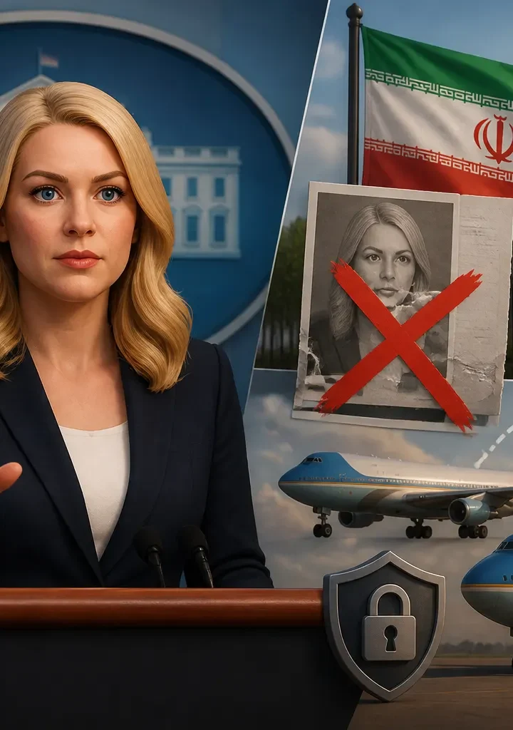 Animated editorial illustration for: White House Denies Iranian Embassy Claim of Aide Caroline Leavitt’s Resignation