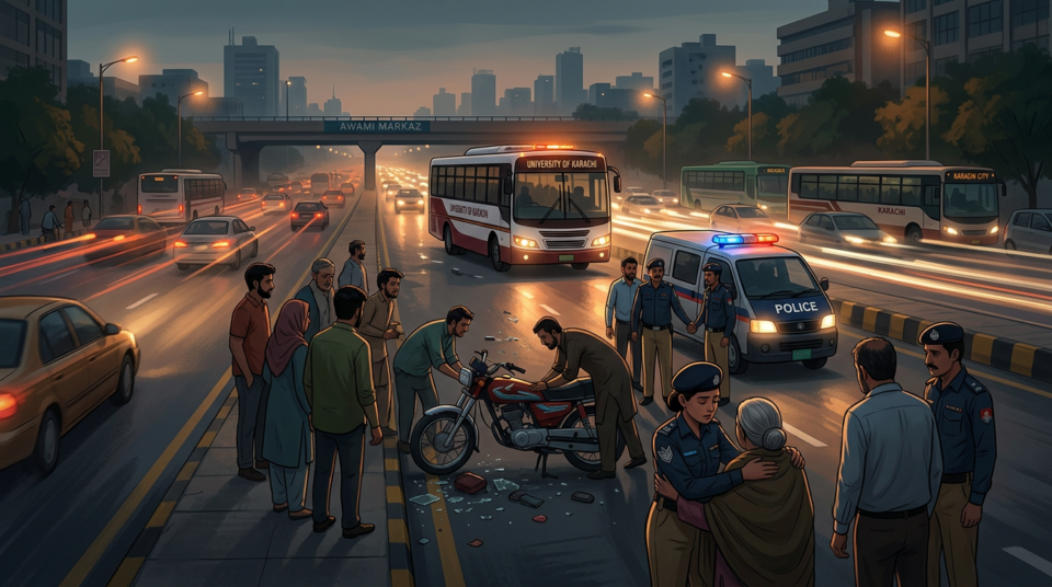 Young Woman Killed in Karachi University Bus Collision on Sharea Faisal