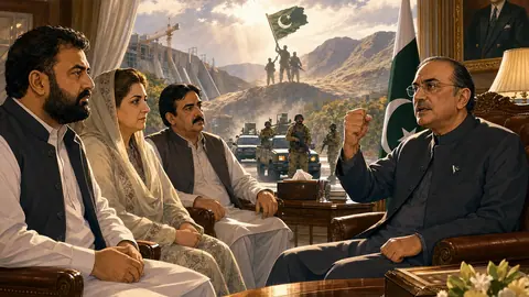 Animated editorial illustration for: Zardari vows to foil terrorist attempts to hinder Balochistan development