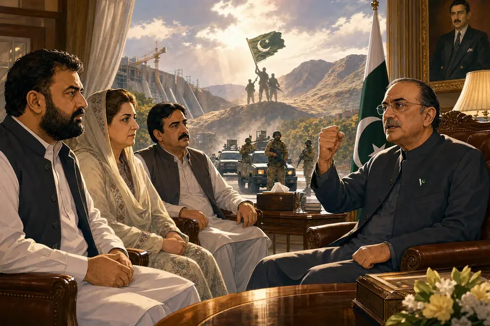 Animated editorial illustration for: Zardari vows to foil terrorist attempts to hinder Balochistan development