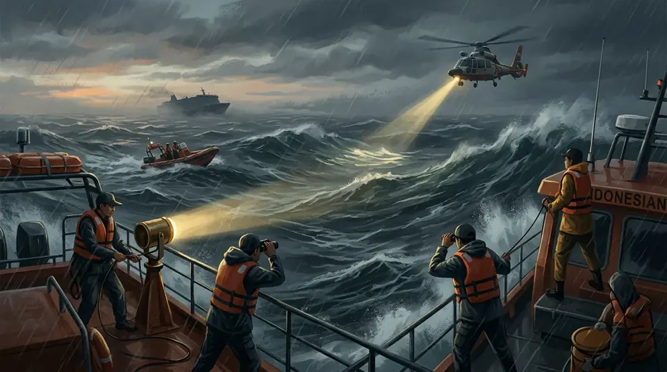 Animated editorial illustration for: 140 Missing After Indonesian Passenger Ship Vanishes in Java Sea