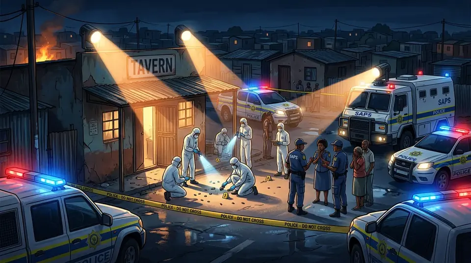 Animated editorial illustration for: 17 Killed, 15 Wounded in South Africa Tavern Shooting