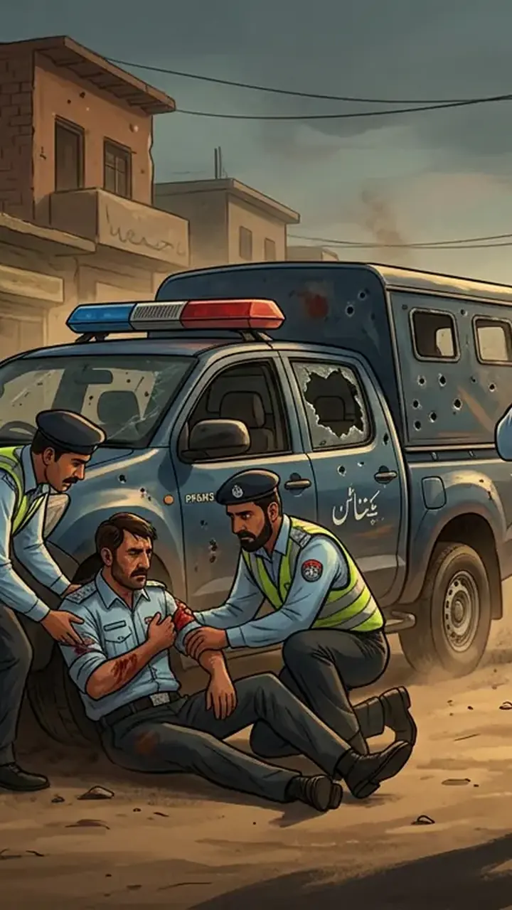 Animated editorial illustration for: Interior Minister Condemns Deadly Attack on Police in Tank, KP