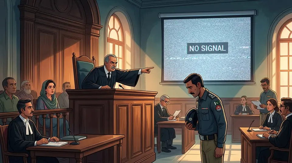 Animated editorial illustration for: Adiala Jail Superintendent Faces Contempt Notice Over Video Link Failure