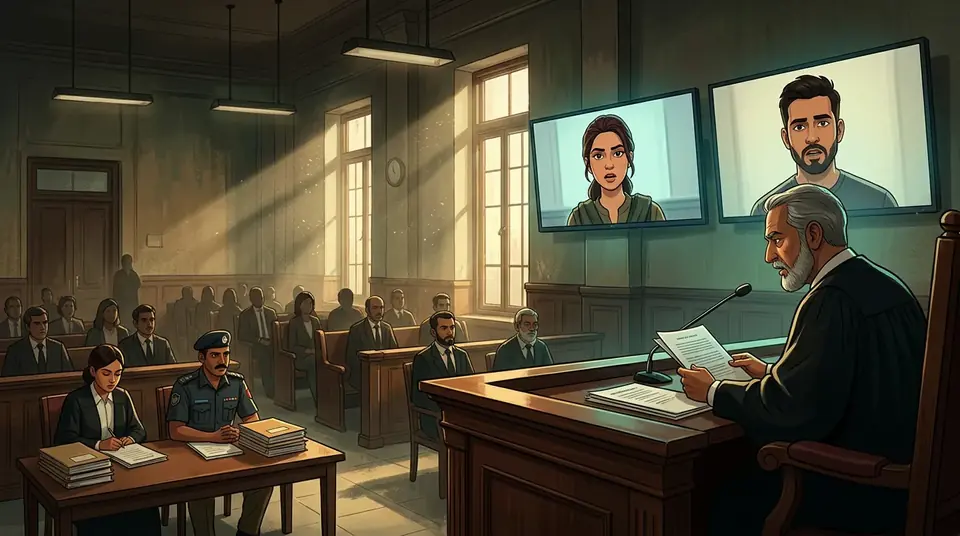 Animated editorial illustration for: Anmol Pinky and Sameer indicted in narcotics case, plead not guilty