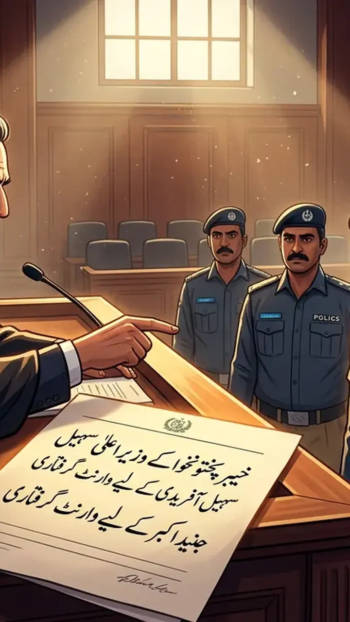 Animated editorial illustration for: Arrest Warrants for KP CM Sohail Afridi Reissued, Hearing Adjourned