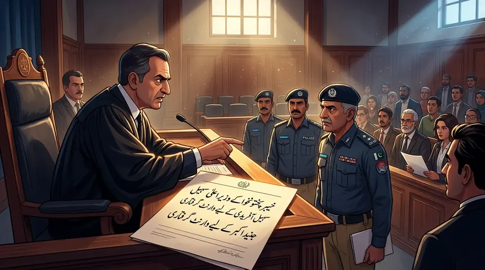 Animated editorial illustration for: Arrest Warrants for KP CM Sohail Afridi Reissued, Hearing Adjourned