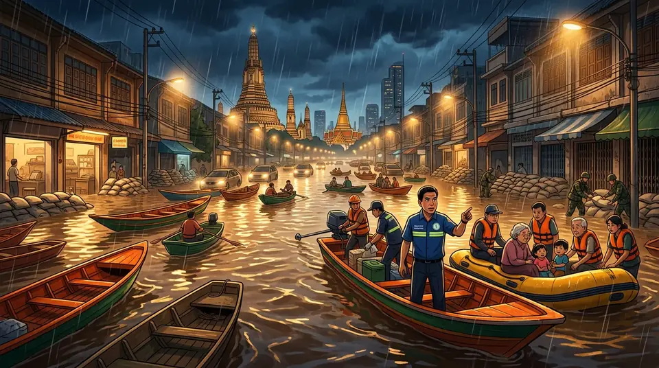 Animated editorial illustration for: Bangkok Declared Disaster Zone After Heavy Rains Cause Widespread Flooding