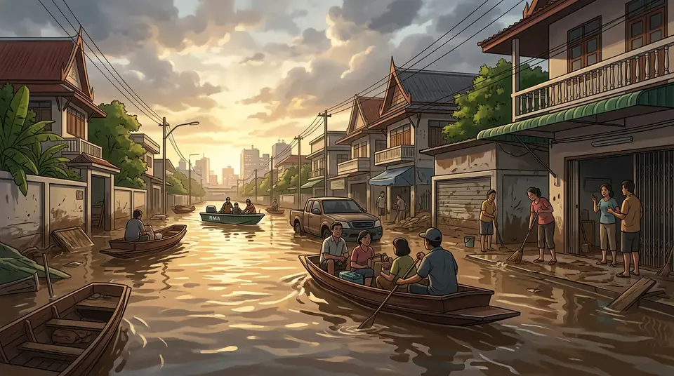 Animated editorial illustration for: Bangkok Floodwaters Recede After Torrential Rains