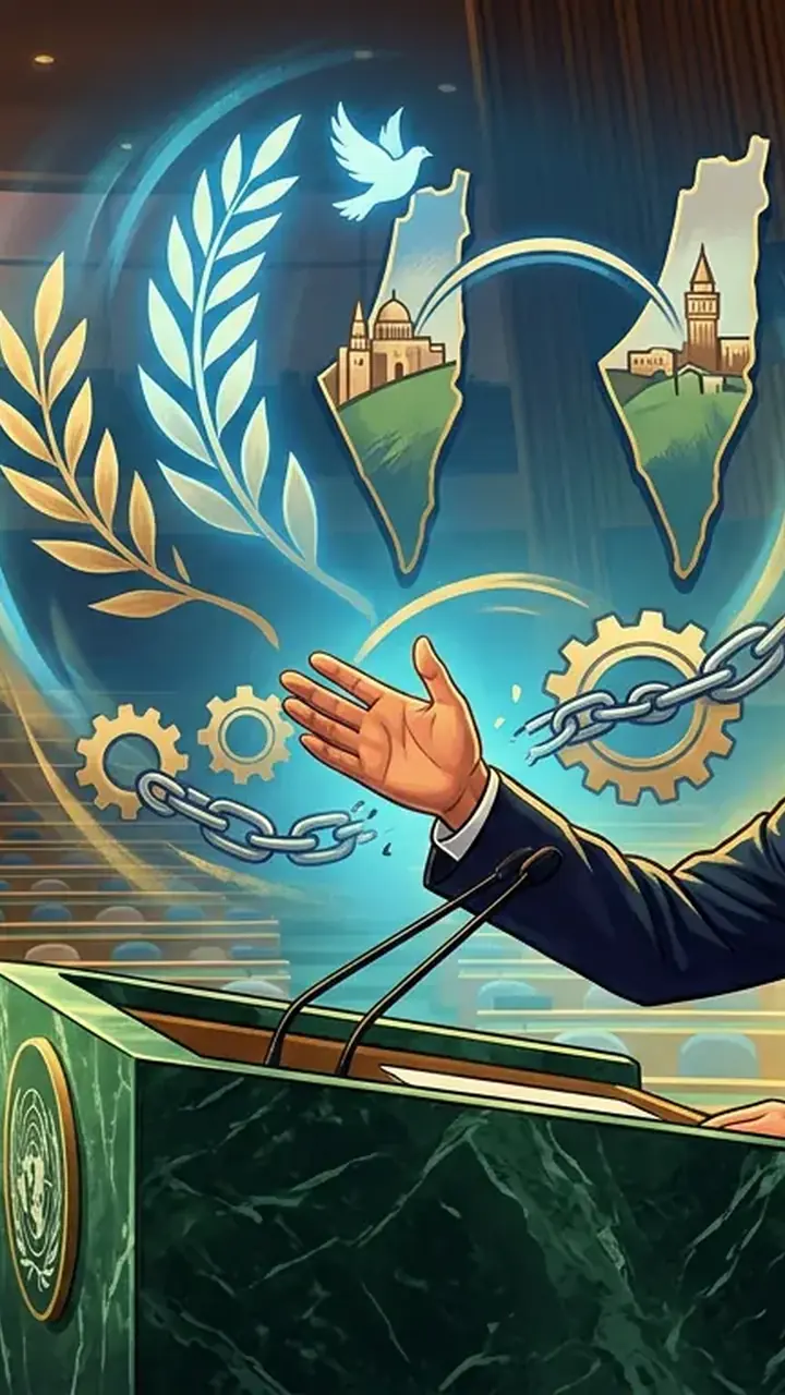 Animated editorial illustration for: China’s Vice President Calls for Peace, Two-State Solution at UN