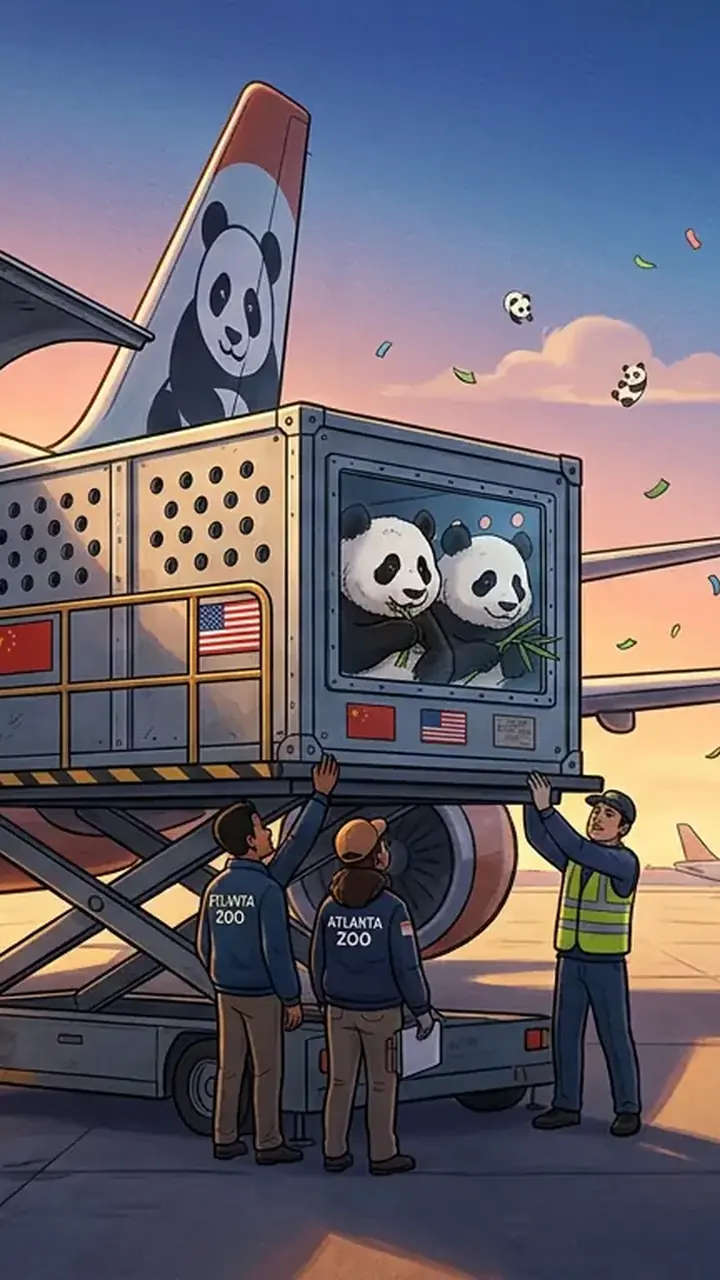 Animated editorial illustration for: China sends two giant pandas to US as ‘panda diplomacy’ continues