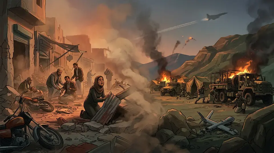 Animated editorial illustration for: Conflicting reports emerge from deadly strikes in Yemen