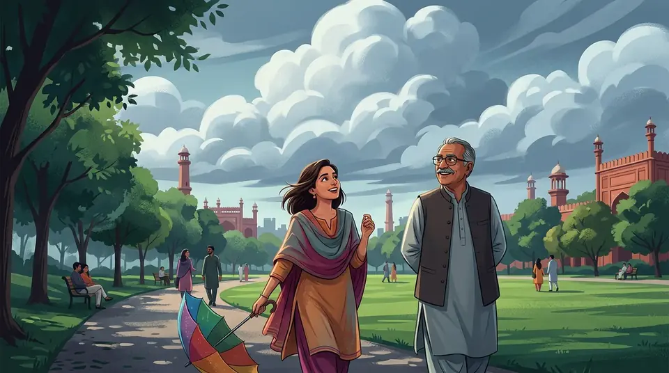 Animated editorial illustration for: Cool Winds and Clouds Bring Pleasant Weather to Lahore