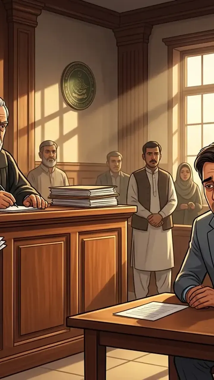Animated editorial illustration for: Court extends Zameer Abbasi’s physical remand by two days in benami case