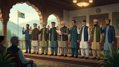 Animated editorial illustration for: Eight-Member AJK Cabinet Takes Oath in Muzaffarabad