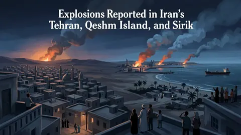 Animated editorial illustration for: Reports of multiple explosions across several locations in Iran