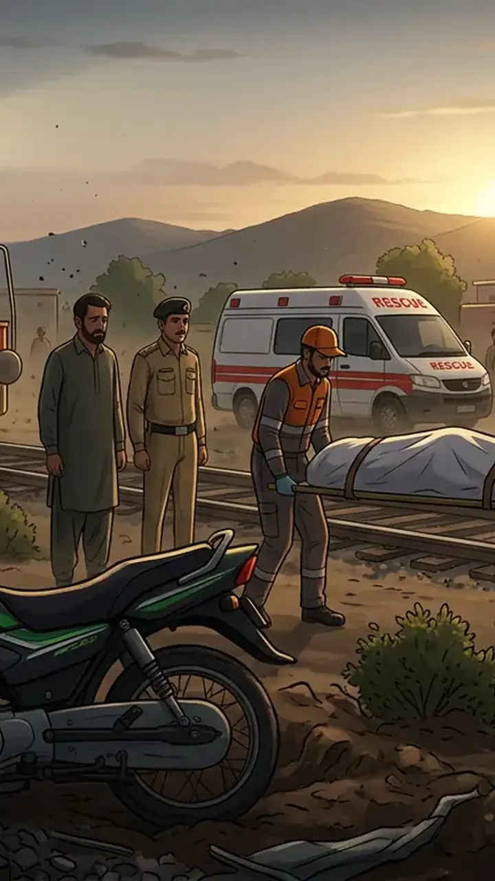 Animated editorial illustration for: Father and son killed in Khushab train accident
