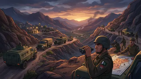 Animated editorial illustration for: Govt approves security allowance for officers in 26 terror-affected KP districts