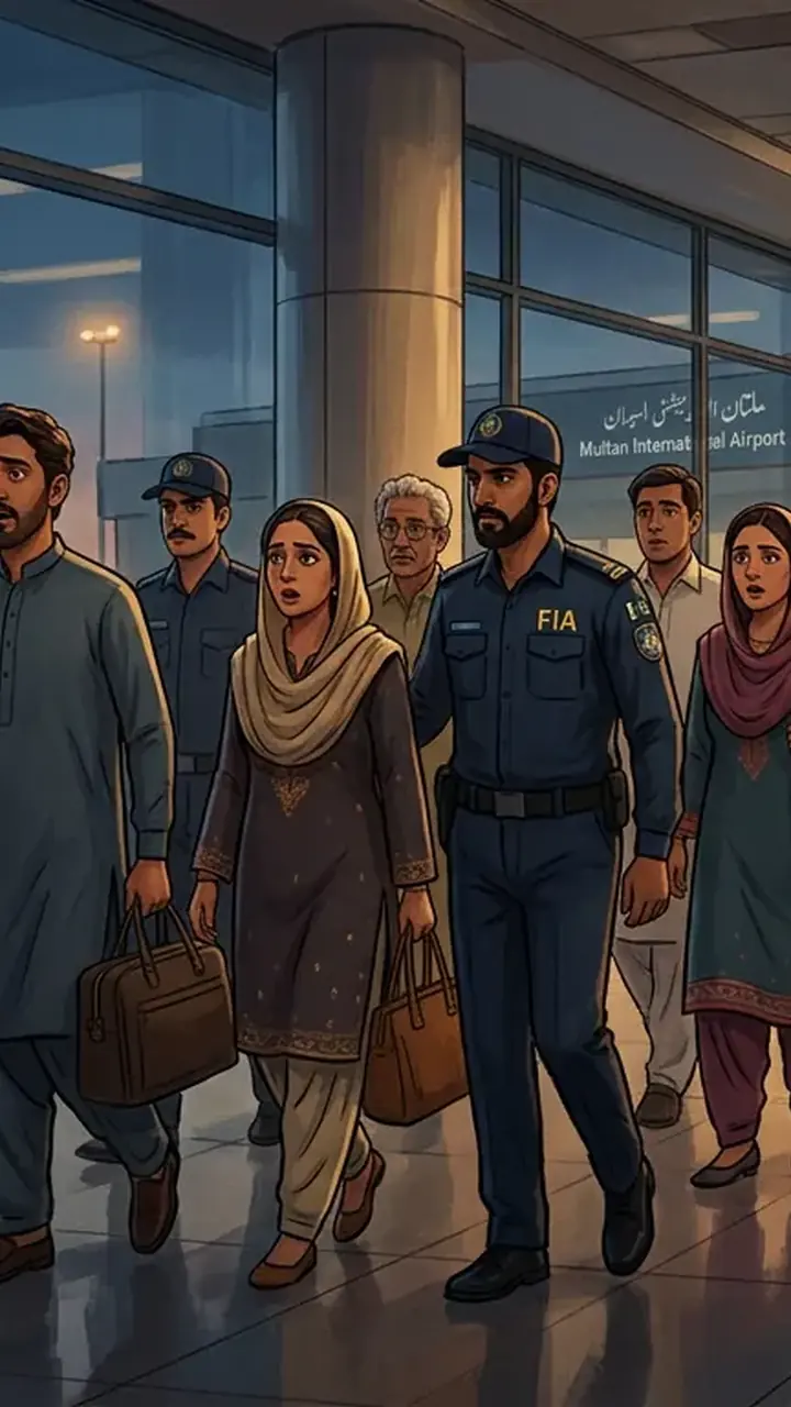 Animated editorial illustration for: FIA arrests seven passengers at Multan Airport