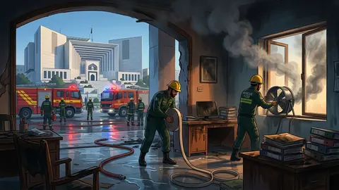 Animated editorial illustration for: Fire at Supreme Court Extinguished, Teams Reportedly Halted at Gate