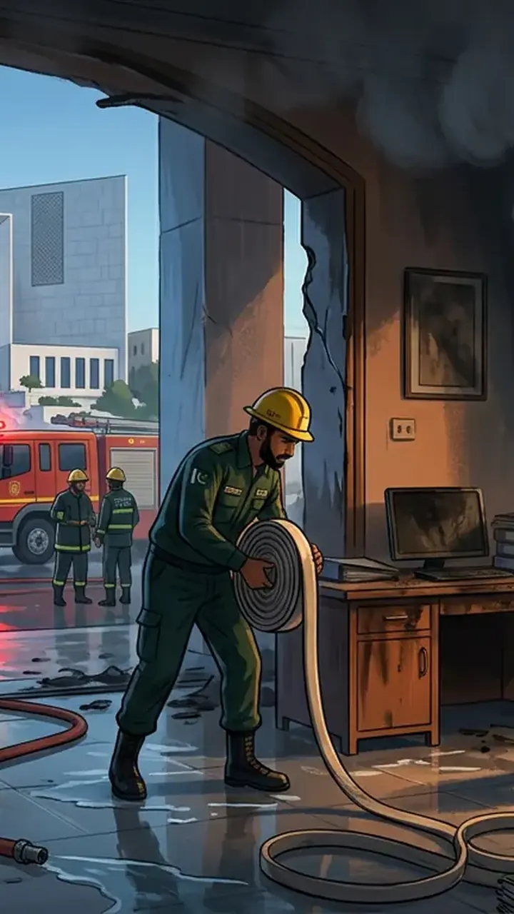 Animated editorial illustration for: Fire at Supreme Court Extinguished, Teams Reportedly Halted at Gate
