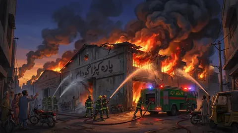 Animated editorial illustration for: Fire Erupts at Cloth Warehouse in Karachi
