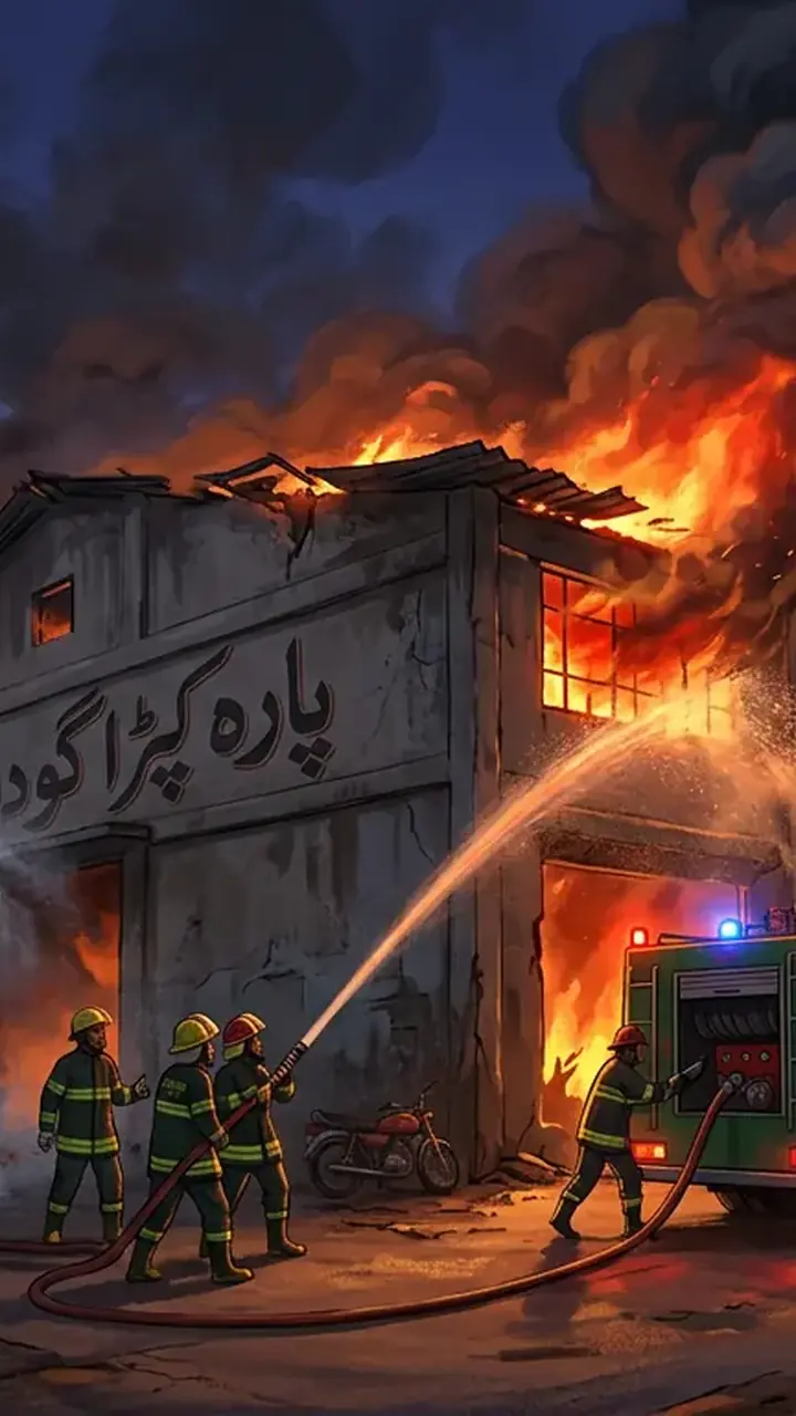 Animated editorial illustration for: Fire Erupts at Cloth Warehouse in Karachi