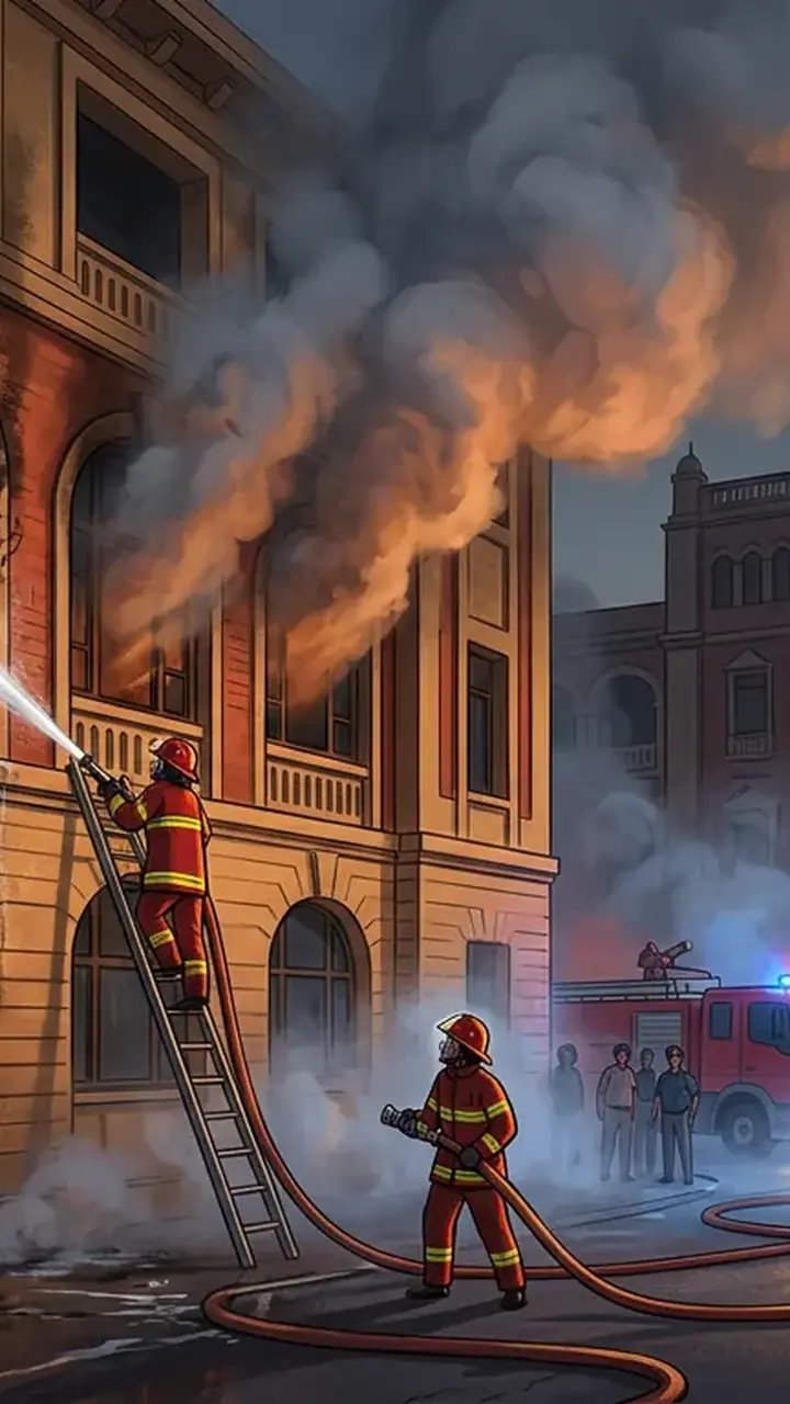 Animated editorial illustration for: Truth of KMC office fire will emerge after probe, says Mayor Wahab